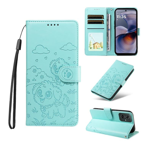 For Motorola Moto G55 5G Embossed Heart Dog RFID Blocking Wallet Leather Phone Case(Green)