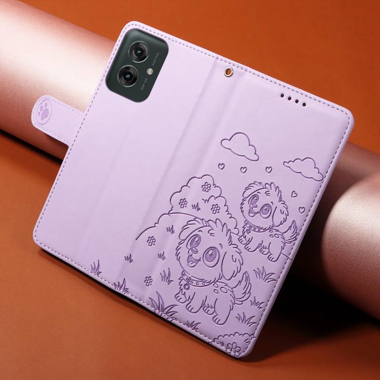 For Motorola Moto G55 5G Embossed Heart Dog RFID Blocking Wallet Leather Phone Case(Purple)