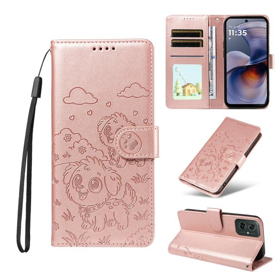 For Motorola Moto G55 5G Embossed Heart Dog RFID Blocking Wallet Leather Phone Case(Rose Gold)