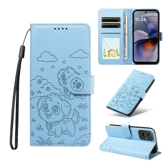 For Motorola Moto G55 5G Embossed Heart Dog RFID Blocking Wallet Leather Phone Case(Sky Blue)