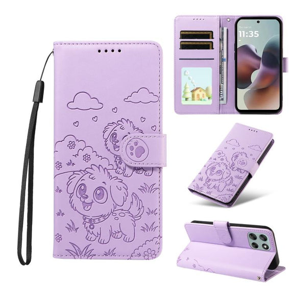 For Motorola Moto G56 5G / G66j Embossed Heart Dog RFID Blocking Wallet Leather Phone Case(Purple)