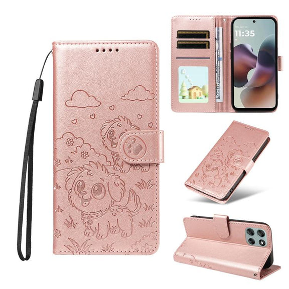 For Motorola Moto G56 5G / G66j Embossed Heart Dog RFID Blocking Wallet Leather Phone Case(Rose Gold)