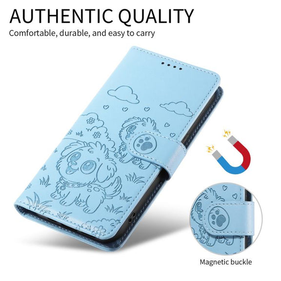 For Motorola Moto G56 5G / G66j Embossed Heart Dog RFID Blocking Wallet Leather Phone Case(Sky Blue)