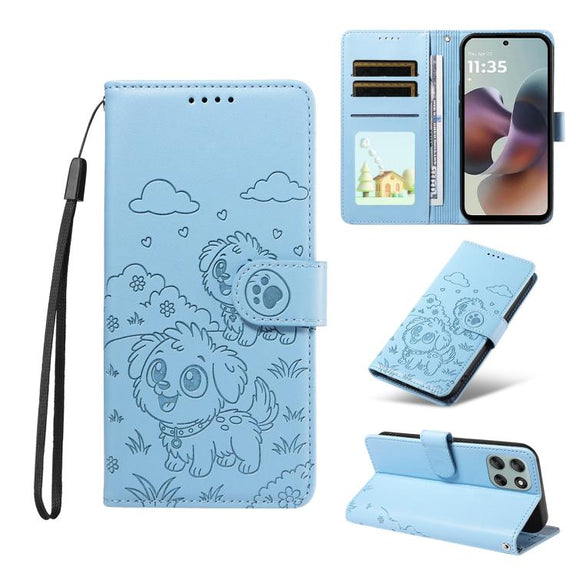 For Motorola Moto G56 5G / G66j Embossed Heart Dog RFID Blocking Wallet Leather Phone Case(Sky Blue)
