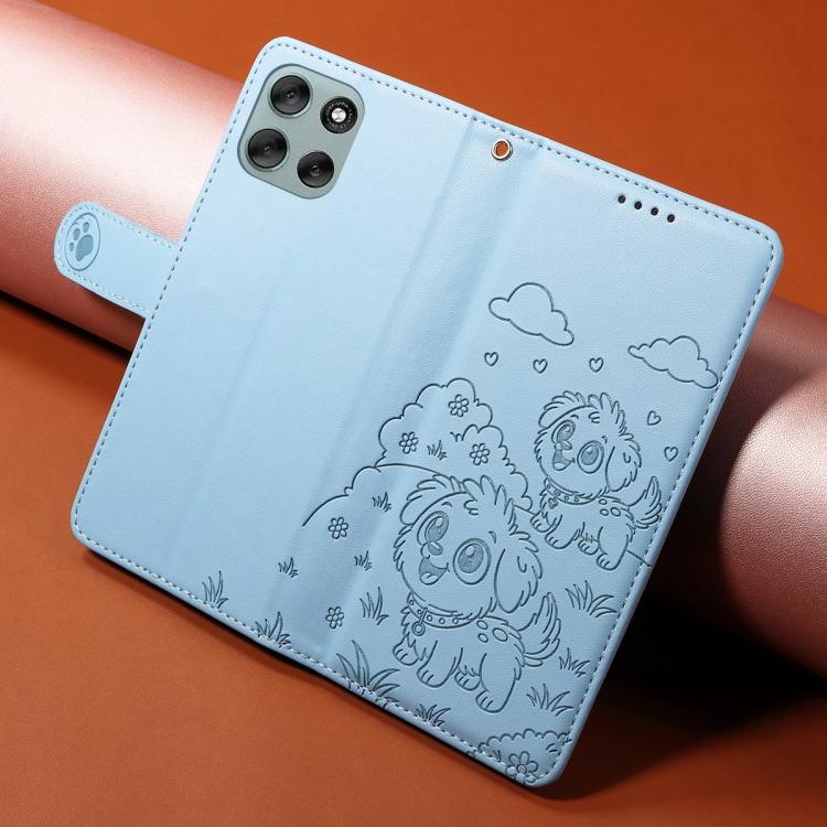 For Motorola Moto G56 5G / G66j Embossed Heart Dog RFID Blocking Wallet Leather Phone Case(Sky Blue)