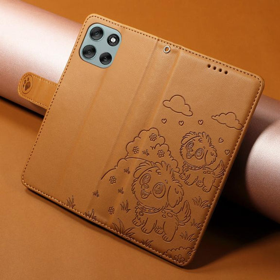 For Motorola Moto G56 5G / G66j Embossed Heart Dog RFID Blocking Wallet Leather Phone Case(Brown)