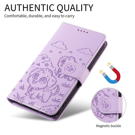For Motorola Moto G75 5G Embossed Heart Dog RFID Blocking Wallet Leather Phone Case(Purple)