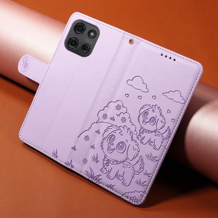 For Motorola Moto G75 5G Embossed Heart Dog RFID Blocking Wallet Leather Phone Case(Purple)