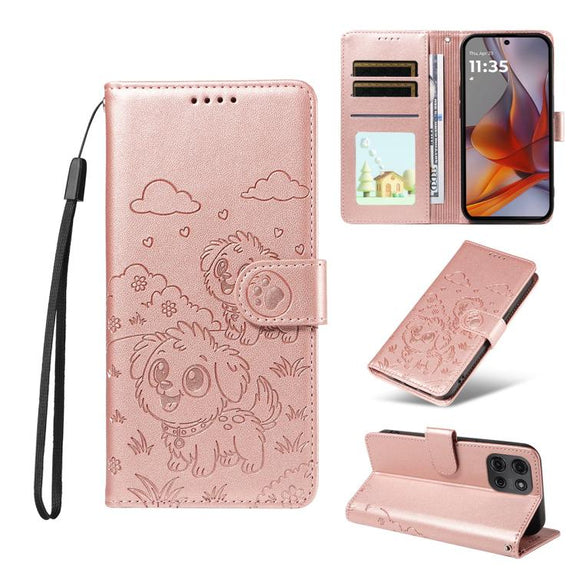 For Motorola Moto G75 5G Embossed Heart Dog RFID Blocking Wallet Leather Phone Case(Rose Gold)
