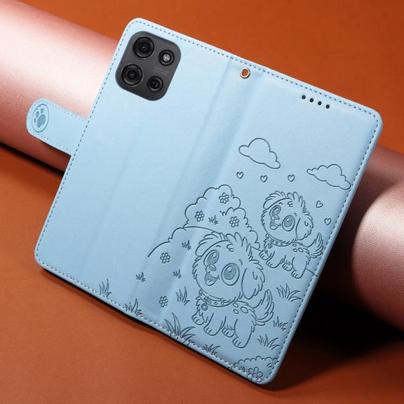 For Motorola Moto G75 5G Embossed Heart Dog RFID Blocking Wallet Leather Phone Case(Sky Blue)