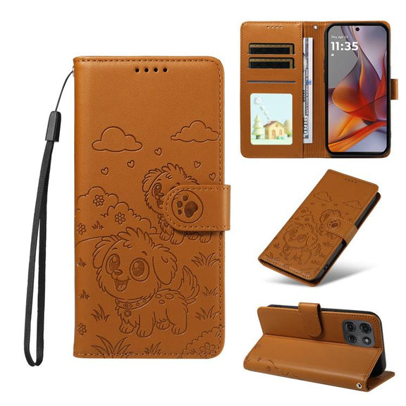 For Motorola Moto G75 5G Embossed Heart Dog RFID Blocking Wallet Leather Phone Case(Brown)