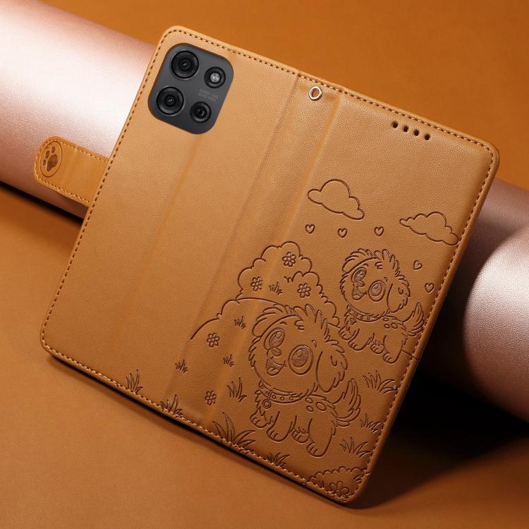 For Motorola Moto G75 5G Embossed Heart Dog RFID Blocking Wallet Leather Phone Case(Brown)