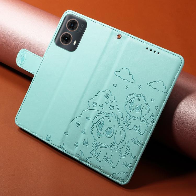 For Motorola Moto G85 5G Embossed Heart Dog RFID Blocking Wallet Leather Phone Case(Green)