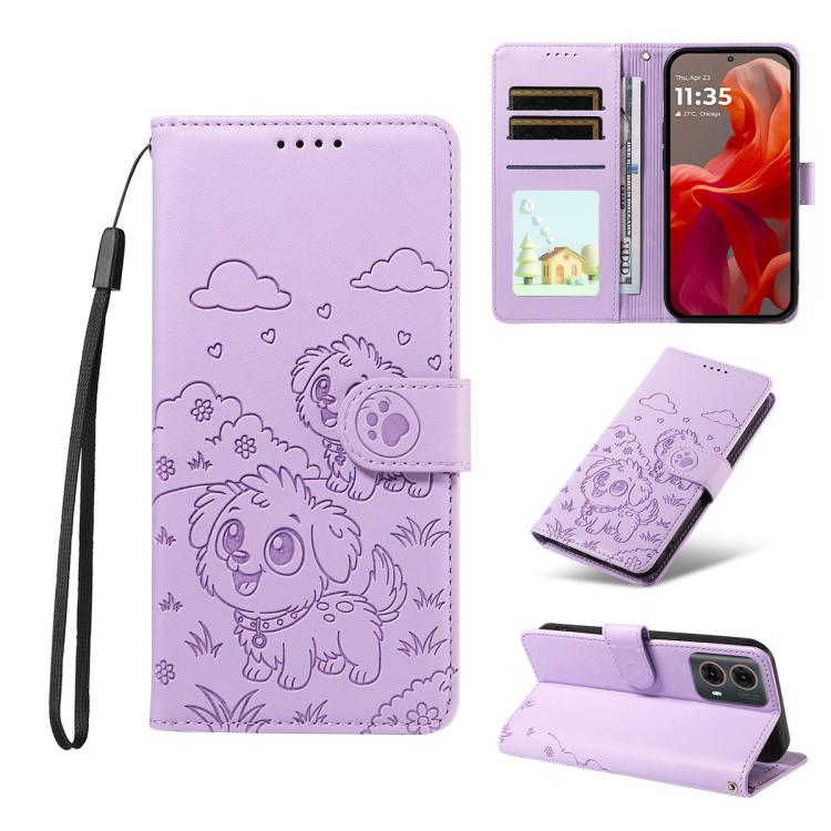 For Motorola Moto G85 5G Embossed Heart Dog RFID Blocking Wallet Leather Phone Case(Purple) - free shipping - PMC TechLife - Order now!