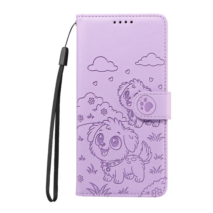 For Motorola Moto G85 5G Embossed Heart Dog RFID Blocking Wallet Leather Phone Case(Purple) - free shipping - PMC TechLife - Order now!