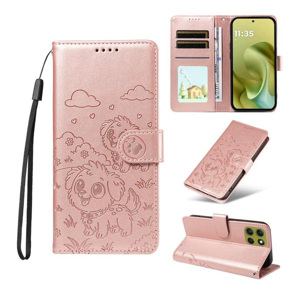 For Motorola Moto G86 5G Embossed Heart Dog RFID Blocking Wallet Leather Phone Case(Rose Gold)