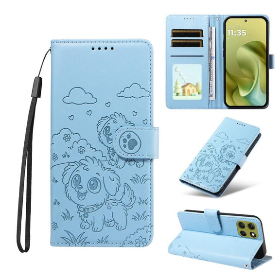 For Motorola Moto G86 5G Embossed Heart Dog RFID Blocking Wallet Leather Phone Case(Sky Blue)