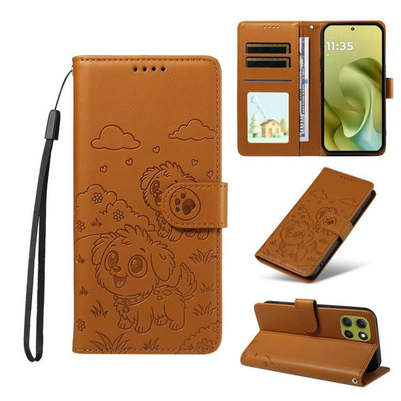 For Motorola Moto G86 5G Embossed Heart Dog RFID Blocking Wallet Leather Phone Case(Brown)