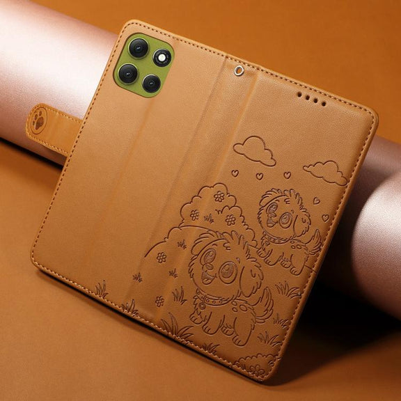 For Motorola Moto G86 5G Embossed Heart Dog RFID Blocking Wallet Leather Phone Case(Brown)