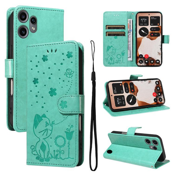 For Nothing CMF Phone 2 Pro Cat and Bee Embossed Flip Leather Phone Case(Green)