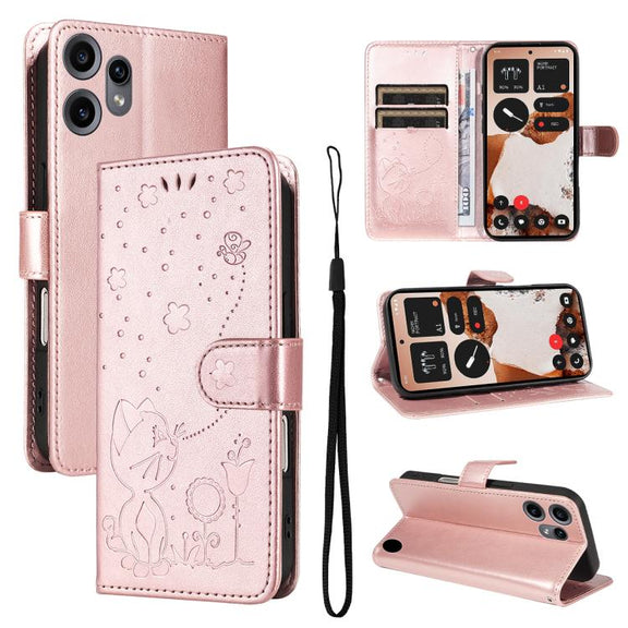 For Nothing CMF Phone 2 Pro Cat and Bee Embossed Flip Leather Phone Case(Rose Gold)