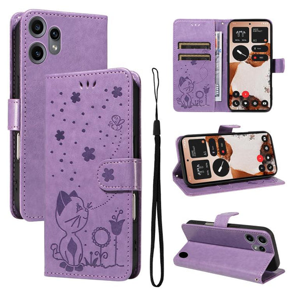 For Nothing CMF Phone 2 Pro Cat and Bee Embossed Flip Leather Phone Case(Purple)