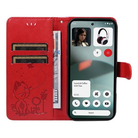 For Nothing Phone 3 Cat and Bee Embossed Flip Leather Phone Case(Red)