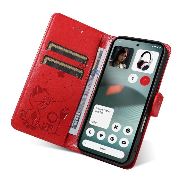 For Nothing Phone 3 Cat and Bee Embossed Flip Leather Phone Case(Red) - free shipping - PMC Jewellery - Order now!