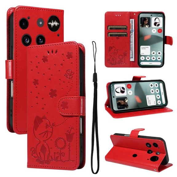 For Nothing Phone 3 Cat and Bee Embossed Flip Leather Phone Case(Red)