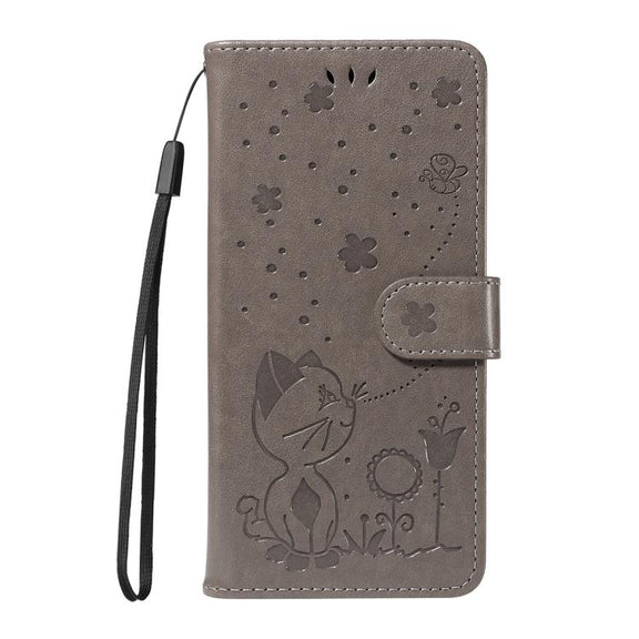 For Nothing Phone 3 Cat and Bee Embossed Flip Leather Phone Case(Grey)