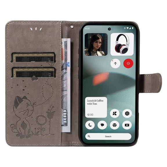 For Nothing Phone 3 Cat and Bee Embossed Flip Leather Phone Case(Grey)