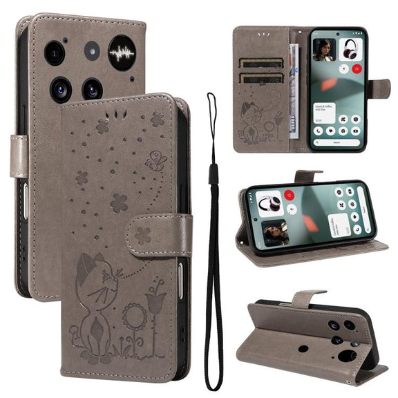 For Nothing Phone 3 Cat and Bee Embossed Flip Leather Phone Case(Grey)