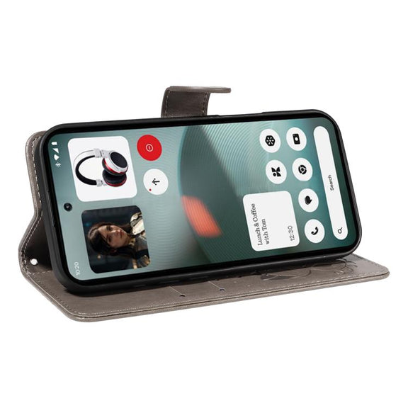 For Nothing Phone 3 Cat and Bee Embossed Flip Leather Phone Case(Grey)