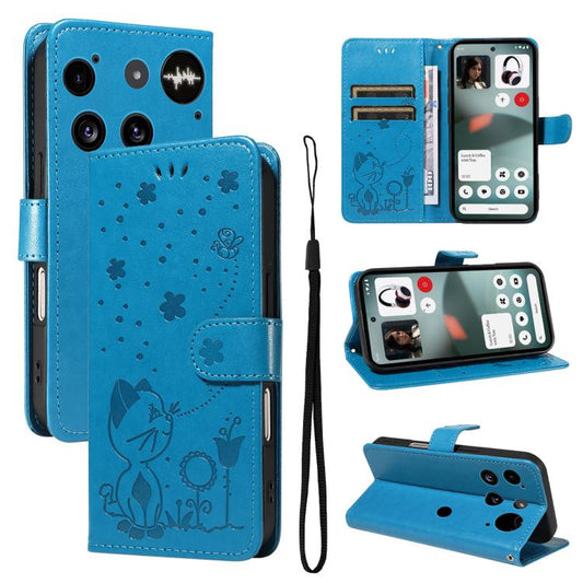 For Nothing Phone 3 Cat and Bee Embossed Flip Leather Phone Case(Blue) - free shipping - PMC Jewellery - Order now!