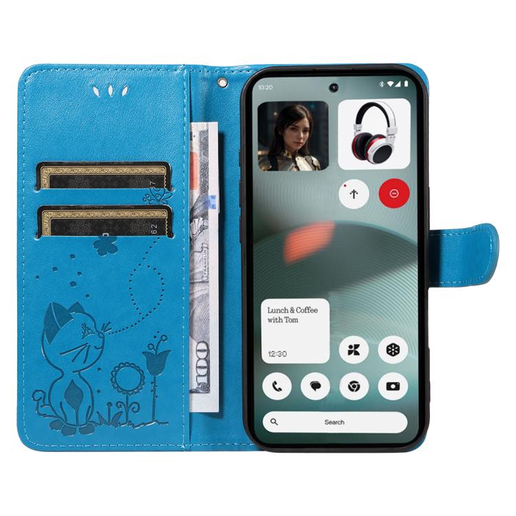 For Nothing Phone 3 Cat and Bee Embossed Flip Leather Phone Case(Blue)