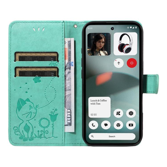 For Nothing Phone 3 Cat and Bee Embossed Flip Leather Phone Case(Green)