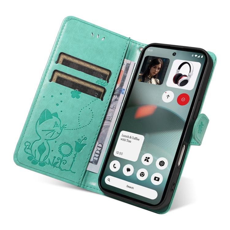 For Nothing Phone 3 Cat and Bee Embossed Flip Leather Phone Case(Green)