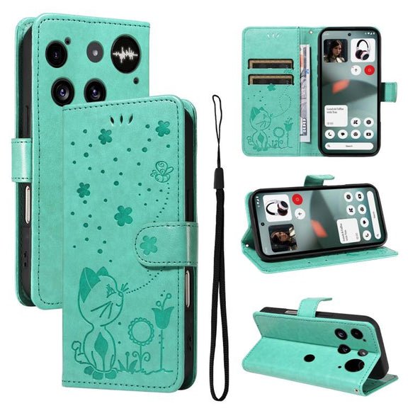 For Nothing Phone 3 Cat and Bee Embossed Flip Leather Phone Case(Green)