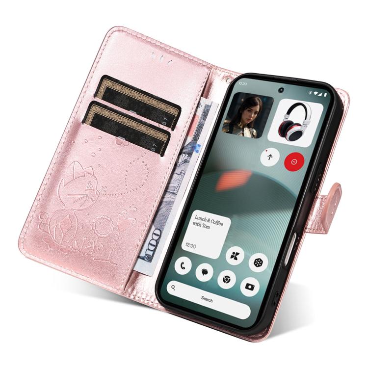 For Nothing Phone 3 Cat and Bee Embossed Flip Leather Phone Case(Rose Gold)