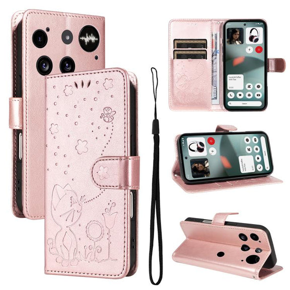 For Nothing Phone 3 Cat and Bee Embossed Flip Leather Phone Case(Rose Gold)