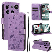 For Nothing Phone 3 Cat and Bee Embossed Flip Leather Phone Case(Purple)