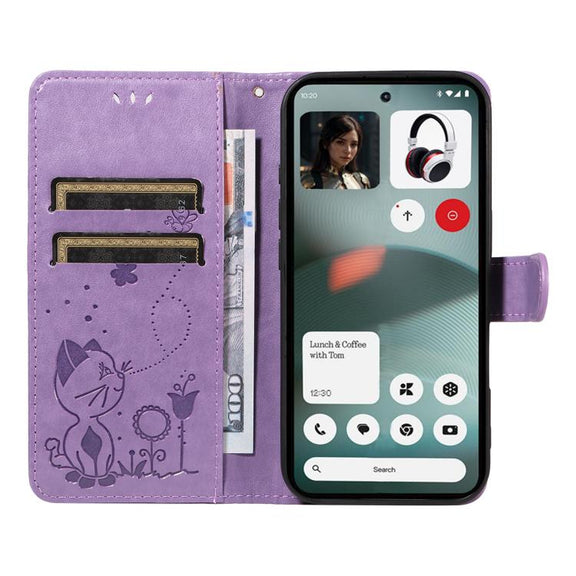 For Nothing Phone 3 Cat and Bee Embossed Flip Leather Phone Case(Purple)