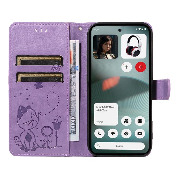 For Nothing Phone 3 Cat and Bee Embossed Flip Leather Phone Case(Purple)