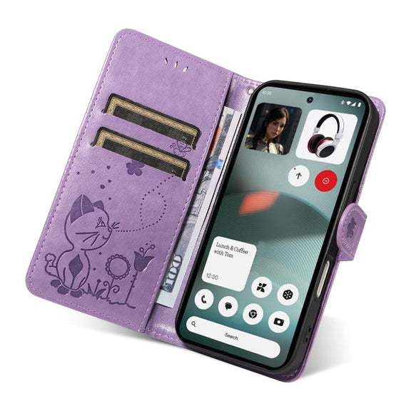 For Nothing Phone 3 Cat and Bee Embossed Flip Leather Phone Case(Purple)