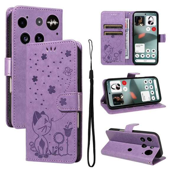 For Nothing Phone 3 Cat and Bee Embossed Flip Leather Phone Case(Purple)