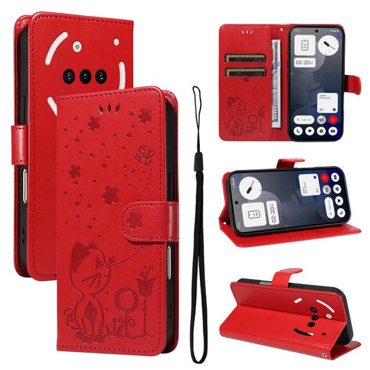 For Nothing Phone 3A Cat and Bee Embossed Flip Leather Phone Case(Red) - free shipping - PMC Jewellery - Order now!