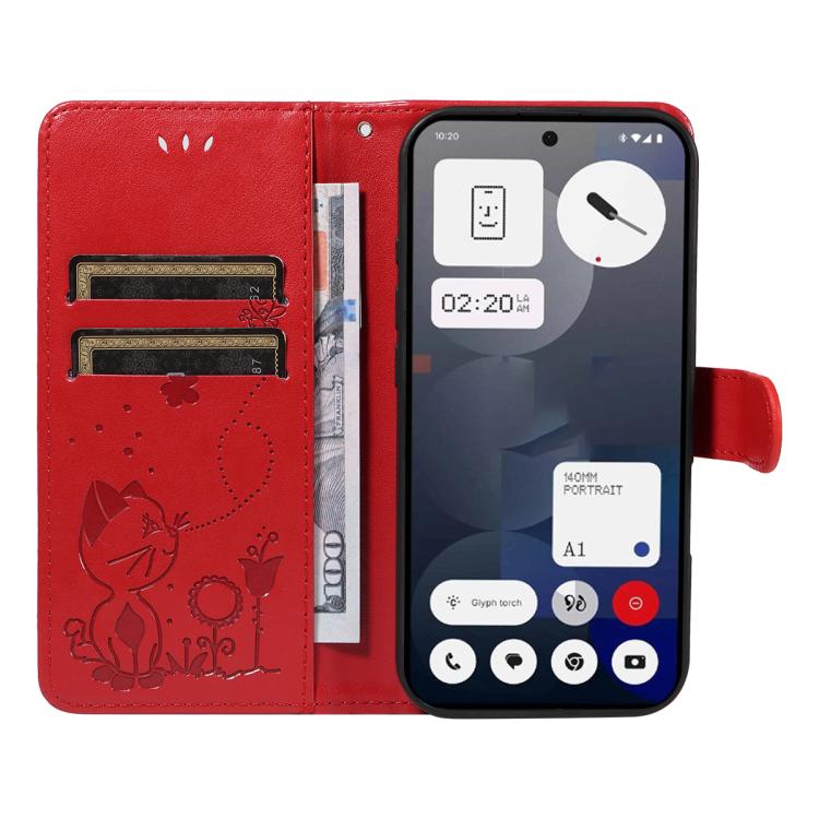 For Nothing Phone 3A Cat and Bee Embossed Flip Leather Phone Case(Red) - free shipping - PMC Jewellery - Order now!