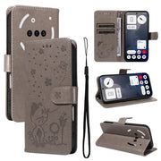 For Nothing Phone 3A Cat and Bee Embossed Flip Leather Phone Case(Grey)