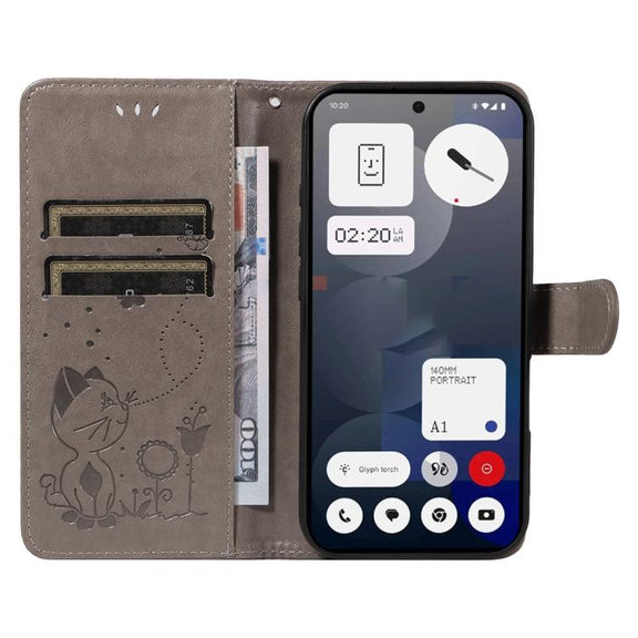 For Nothing Phone 3A Cat and Bee Embossed Flip Leather Phone Case(Grey)