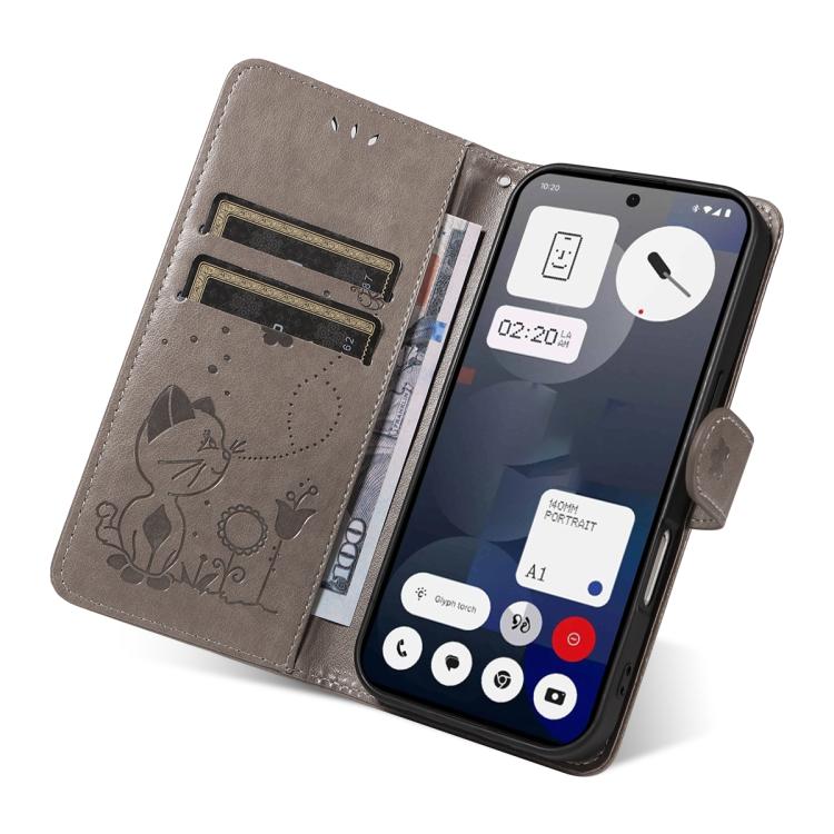 For Nothing Phone 3A Cat and Bee Embossed Flip Leather Phone Case(Grey)